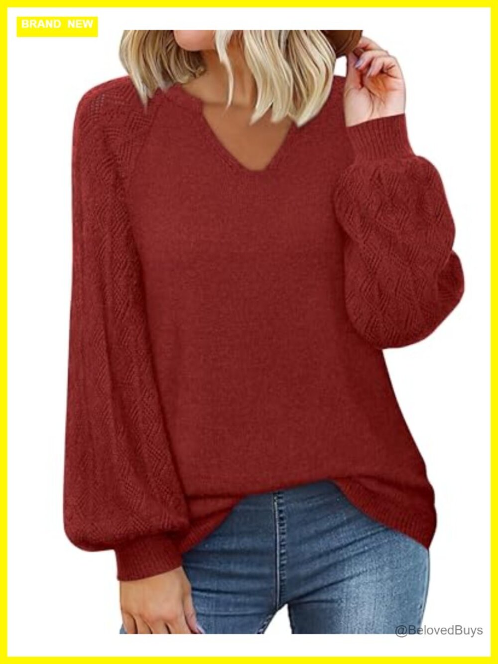 Women's V-Neck Long Sleeve Pullover Sweater Loose Chunky Knit